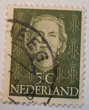Netherlands Postage ~ Queen Juliana ~ Green 5₵ Stamp ~Cancelled ~ 1949 ~ 03