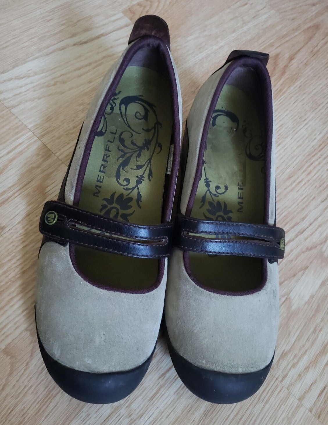 MERRELL sandalo donna taglia 8 5 marrone e tortora punta chiusa scamosciato zeppa cinturino avvolgente