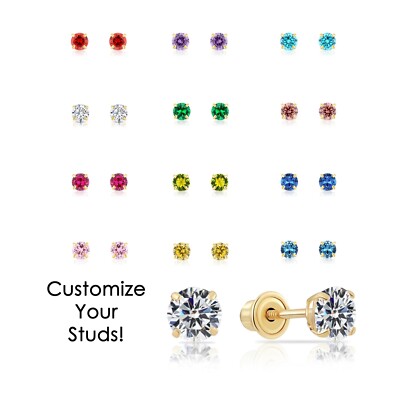 14K Real Solid Gold Birthstone CZ Sleeper Studs Earrings Screw-back 2.5mm-5mm