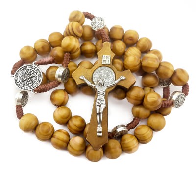 Saint Benedict Olive Wood Beads Rosary Necklace NR Medal & Cross Catholic Charm 