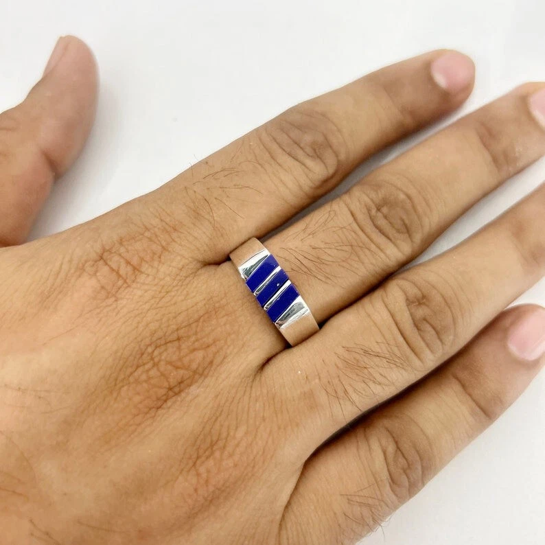 THREE LAPIS LAZULI MENS RING 925 STERLING SILVER RING SIGNET RING GIFT FOR MEN'S - Image 4 of 4