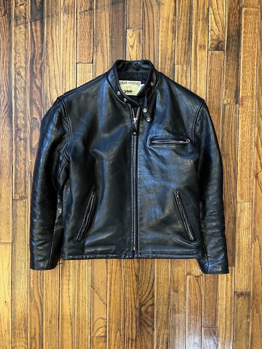 Schott Black Horsehide Leather Jacket Cafe Racer Size 42 Large