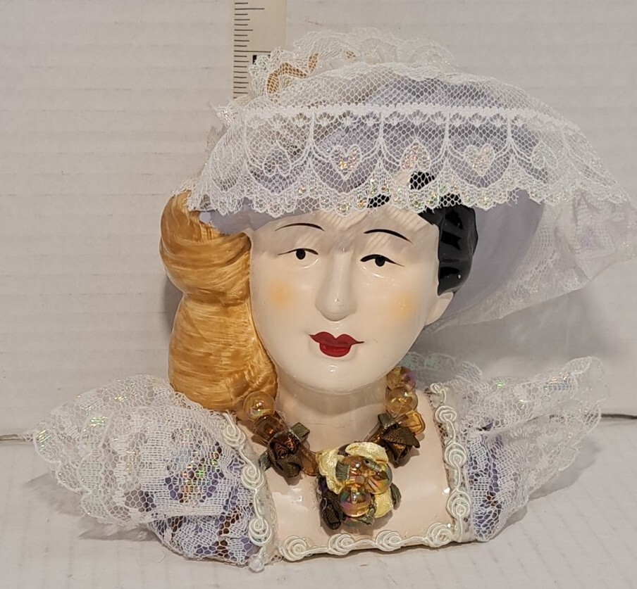 Victorian Lady Bust Ceramic Figurine 5in with Floppy Hat & Lace