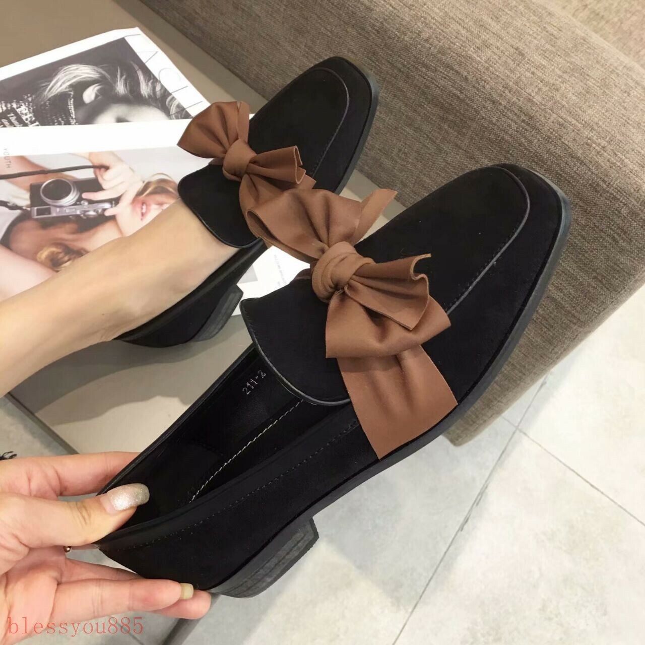 Women's Suede Spring Square Square Square Toe Block Heels Butterfly-knot Slip on LoaferS shoes 64bec8 Women's Suede Spring Square Square Square Toe Block Heels Butterfly-knot Slip on LoaferS shoes 64bec8