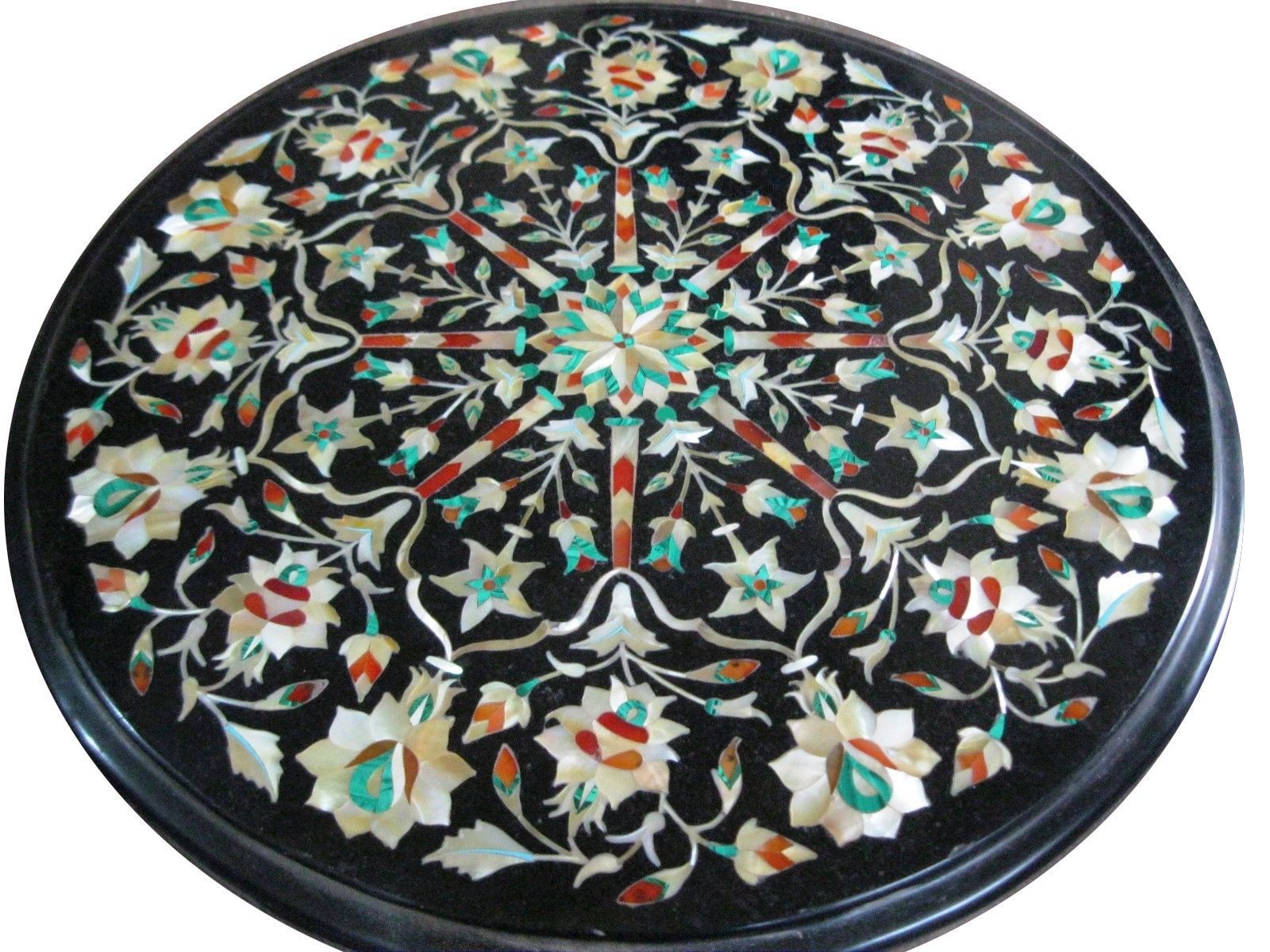 16 Inch Marble Coffee Table with Floral Pietra Dura Stone Design for Home Decor