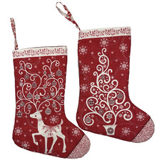 Quilted Charismas Stockings set of 2 Red  Gray with Scandinavian Deer and Trees