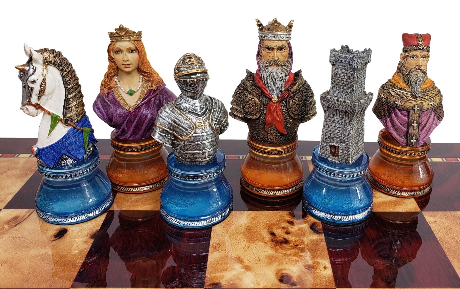 Medieval Times Crusades Pewter METAL Chess Set 16 Black & Red Faux Marble  Board