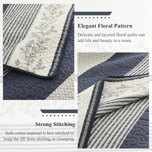 Edredón a Rayas Talla Queen - Azul Marino Blanco Reina (90"x98") Azul Marino/Gris/Blanco roto/Crema Foto 4 de 4