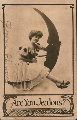 Advertising you Jealous? Girl sitting man the moon lighting his cigar. 1910