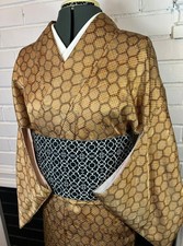 Vintage Traditional Japanese Brown Geometric Kimono Awase Fully Lined