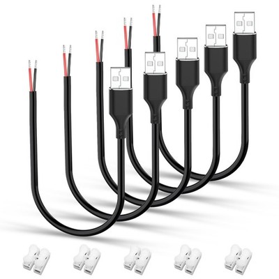 5 Pcs USB A Male to Bare Wire Cable - 12V/3A 30cm Open End Pigtail Power Cord...