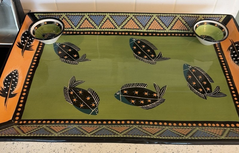 Hout Bay South Africa Hand Painted Ceramic Bird Tray And Dip Containers 14”x21”