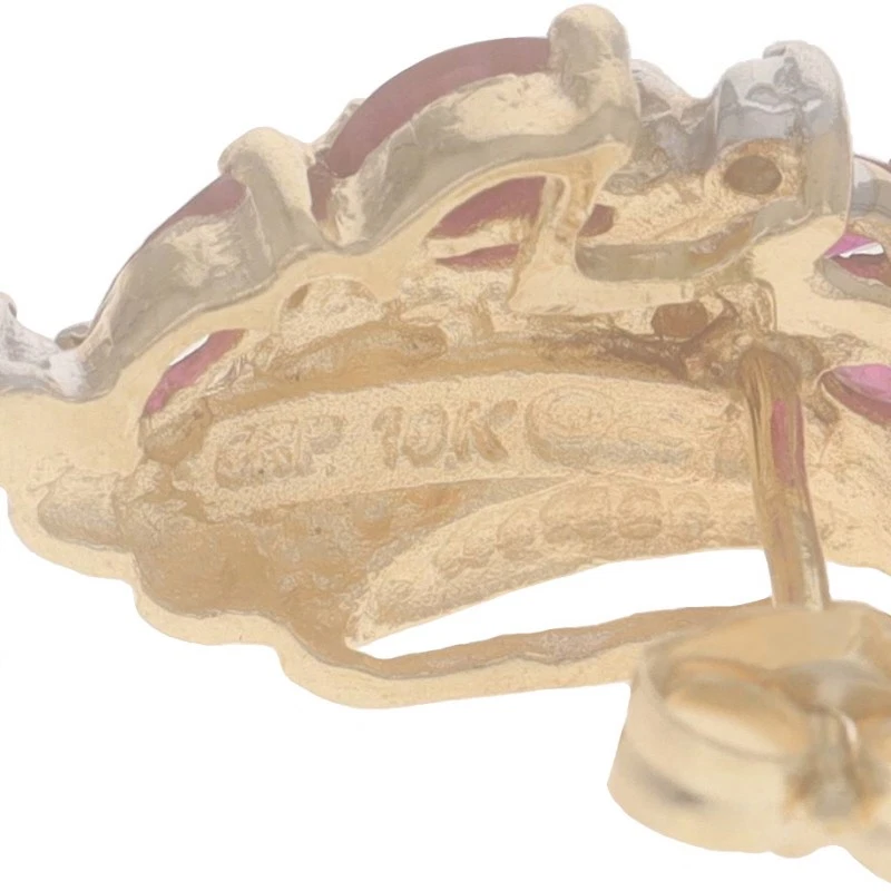 Yellow Gold Ruby & Diamond Lg Cluster Stud Earrings 10k Marquise 1.59ctw Pierced - Image 4 of 4