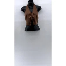 SHEIN Women's Brown Ruched Flirla Asymmetrical Hem Halter Crop Tank Top SZ 4