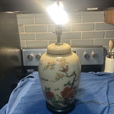 Vintage Asian Porcelain Table Lamp Birds Flowers Ginger Jar Style No Shade