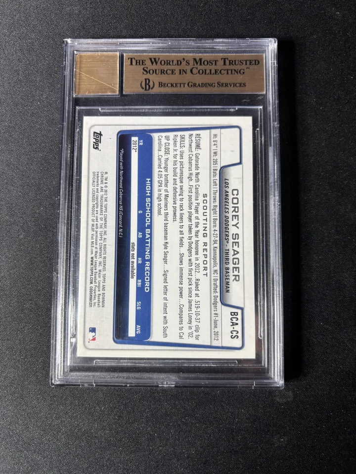 2012 Bowman Chrome Draft Draft Pick Autographs #CS Corey Seager BGS 9.5 - Image 2 of 2