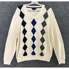 Club Room Mens Argyle V Neck Sweater Cream Blue Gray XL Cotton Long Sleeve