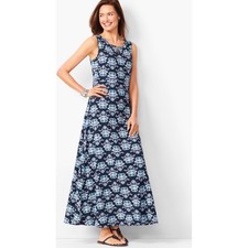 Talbots Sleeveless Floral Maxi Dress Navy Blue White Jersey Knit Size S