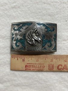 Montana Silversmiths Western Horse Belt Buckle Silver Tone and turquoise inlays