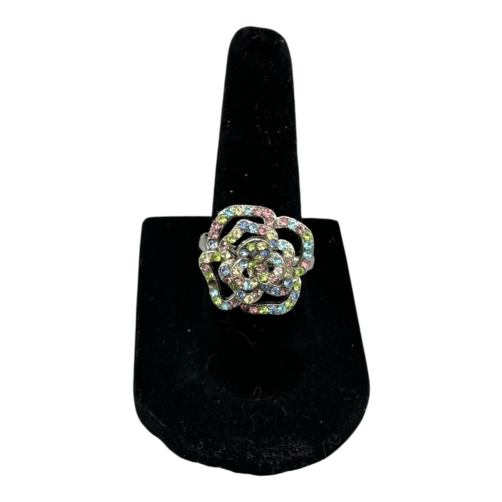 Adjustable Multicolor Crystal Flower Ring Silver … - image 1
