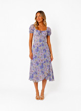 ASTR the Label Floral Puff Sleeve Square Neck Midi Dress – Purple | Size M