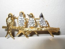 Joan Rivers Birds On A Branch Brooch Gold Tone  Rhinestones 2 1/2" VGC js2
