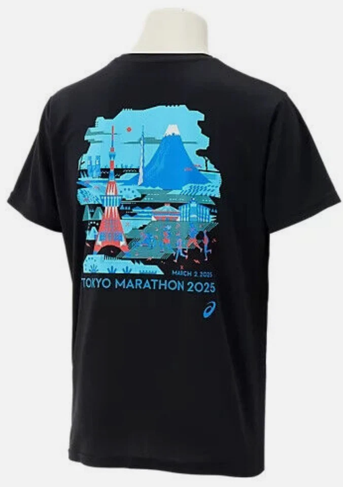 Camiseta ASICS TOKYO JAPÓN Maratón 2025 Diseño Pixel Art NEGRA GRANDE ENVÍO EE. UU. Foto 2 de 4