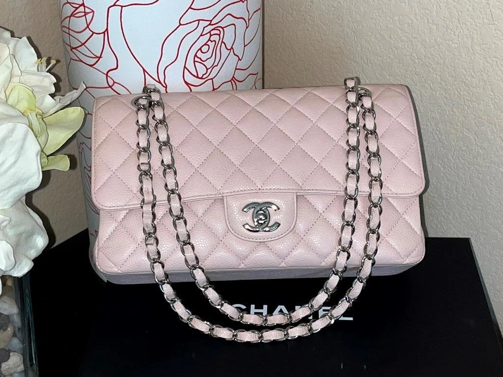 Authentic Chanel Classic Medium Light Pink Caviar Double Flap SHW