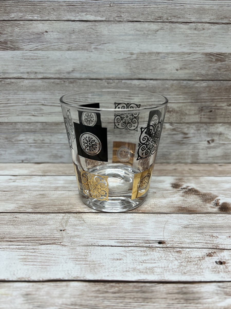 Vintage Federal Glass Black & Gold Medallions Low Ball Whiskey