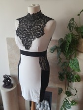 Black White Bodycon Pencil Dress 8 10 Lace neck Satin Bow Office Smart Casual