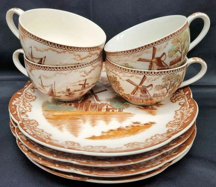Vintage 8 Piece Set Napco Windmill Porcelain Tea Cup Snack Plate Set Serves 4