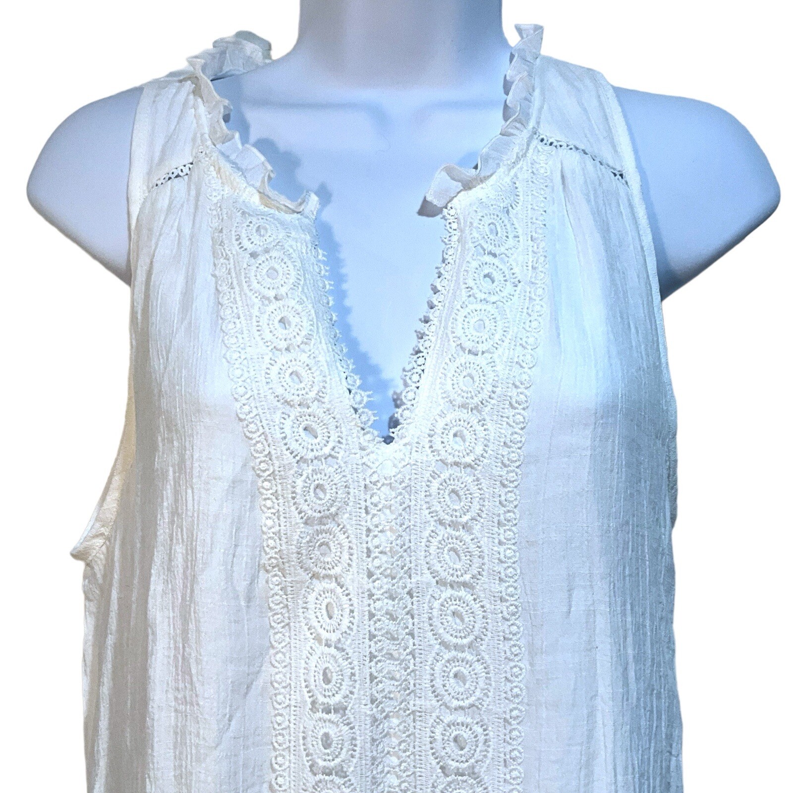 INDIGO ROSE Size L Crisp White Lace Detail Boho Sleeveless Summer Dress