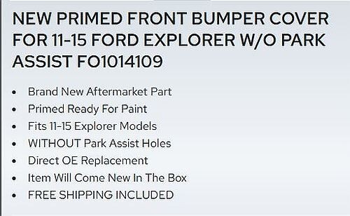 Munirater Front Bumper Cover – For 2011-2015 Ford Explorer – Primed Black, No Sensor Holes – FO1014109