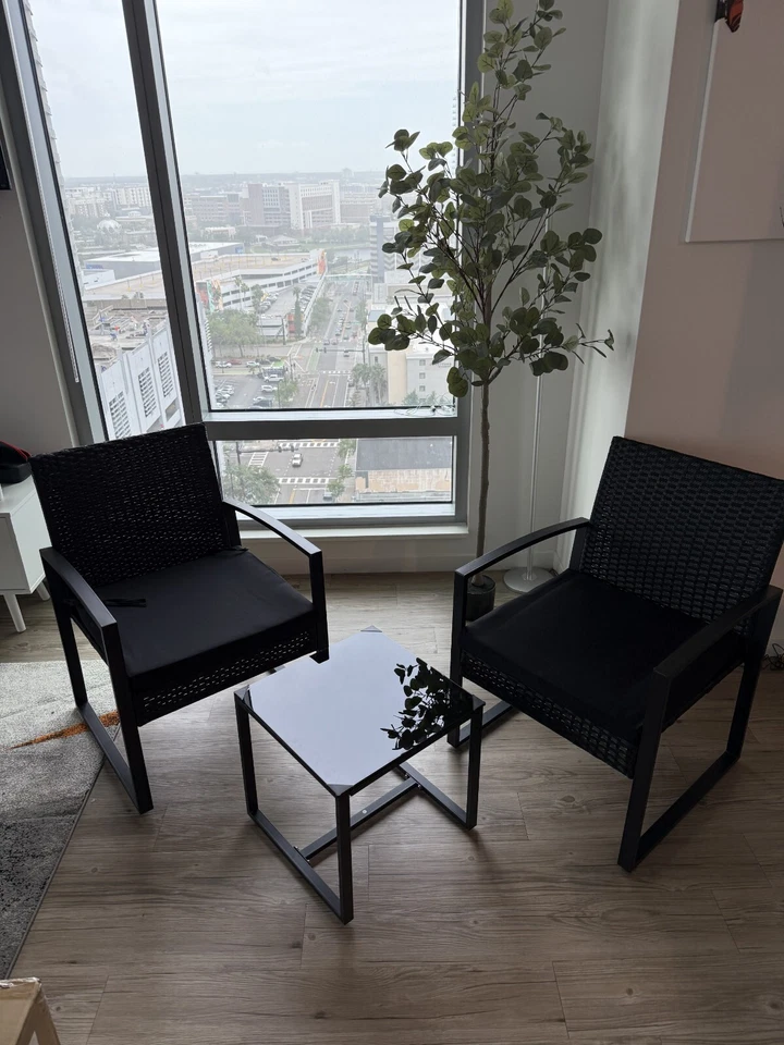 Muebles de patio de exterior Juego de 3 piezas de bistró 2 sillas y mesa con cojines ¡negro! Foto 2 de 4