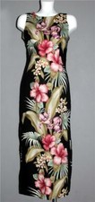 VTG TROPOCO Hawaii Lgtwght Barkcloth Tropical Flowers Black Sleeveless Dress W-S
