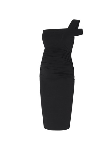 open lace back dress Evelina Scuba Crepe Drape Back High Neck Floor Length Dress Navy / 10
