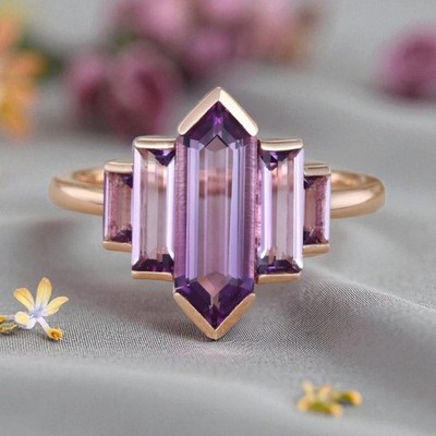 Unique Hexagon Cut Amethyst Engagement Ring, 925 Sterling Silver Five Stone Ring