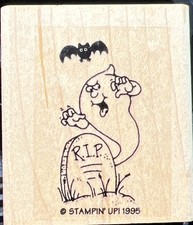 GHOST BAT RIP GRAVESTONE Stampin up Rubber Stamp Halloween creepy wood mount