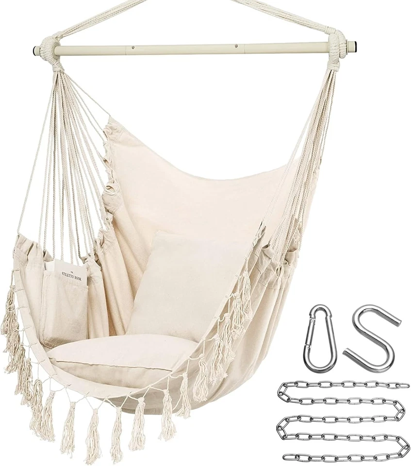 Large Macrame Hanging Chair, Superior Comfort, Beige - Image 3 of 4