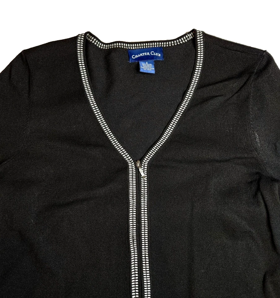 Cárdigan suéter Charter Club para mujer talla S negro cuello en V cremallera completa manga larga Foto 2 de 4