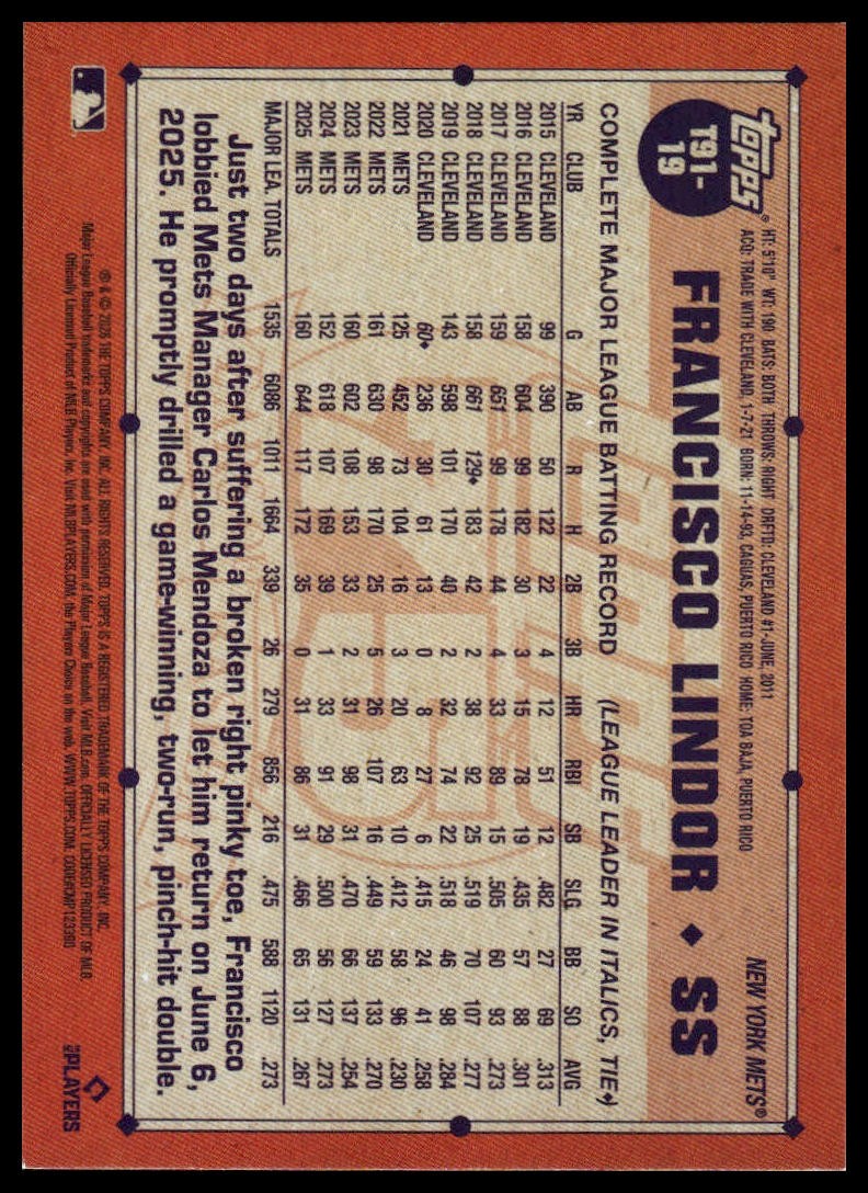 NEWS 初期　トランプカード NORTH EAST WEST SOUTH 2026 Topps Series 1 - 1991 Topps Baseball Francisco Lindor #T91-19
