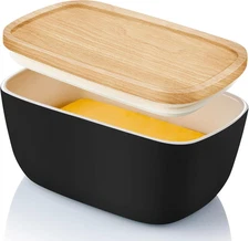 ALELION Ceramic Butter Container with Airtight Wooden Lid - Black Butter Keeper 