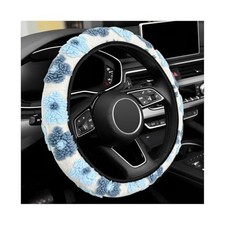 Plush Flowers Steering Wheel Cover, 15 inch Anti-Slip Breathable Light Blue