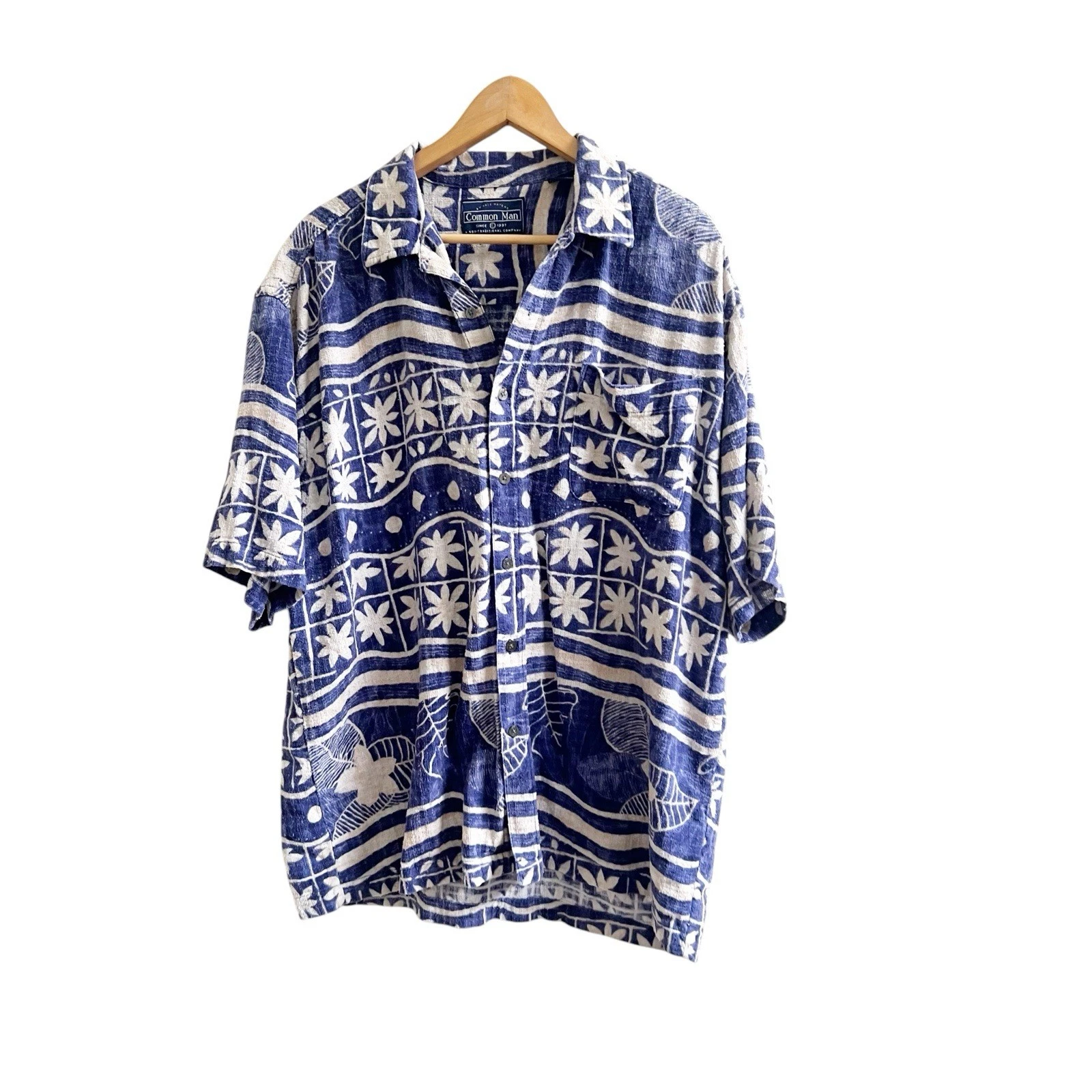 Common Man 100% Collared Silk Hawaiian Shirt Blue Tan Size XL