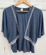 Alamo + Kin Anthropology Sz Sm Dolman Short Sleeve Linen Top Embroidery Accent