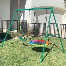 440lb 3 in 1 Heavy-Duty Metal Swing Set for Kids Backyard with 2 Swing  A-Frame