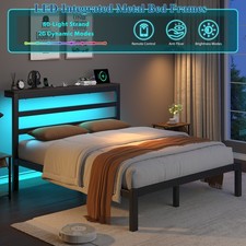 Queen/King Size Metal Bed Frame with Storage Headboard, Charging Station and LED
