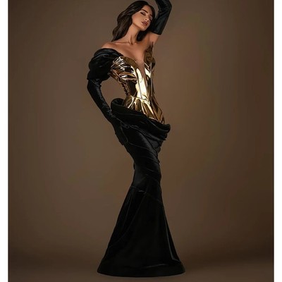 Golden Black Prom Evening Dresses Without Gloves Floor Length Cocktail Gowns  | eBay