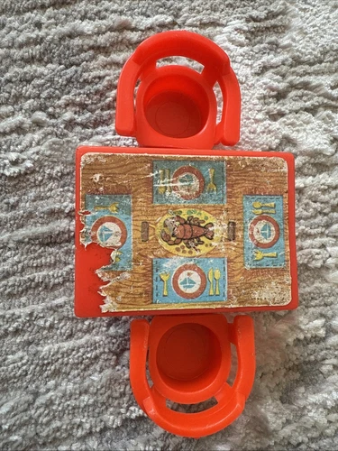 3 Vtg Fisher Price Little People Furniture Red Table & 2 Chairs houseboat LOT FP