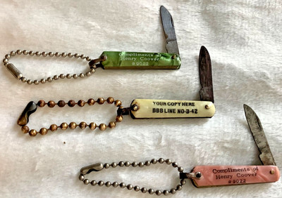Lot of 3 Vintage Miniature Pocket Knife Charms Fob Japan Celluloid Advertising